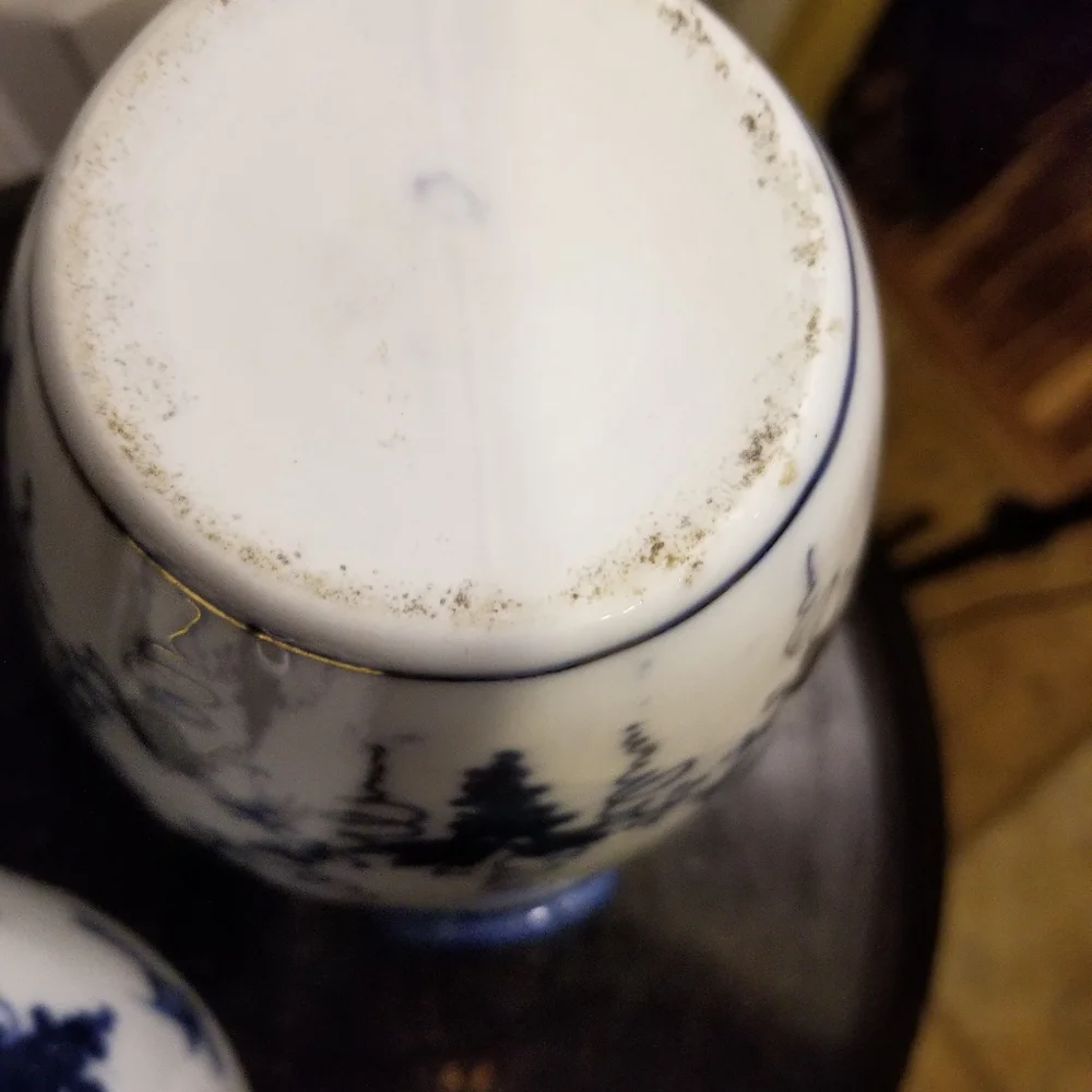 Pair of Blue and White Vintage Vases/ Urns with Gold Accents